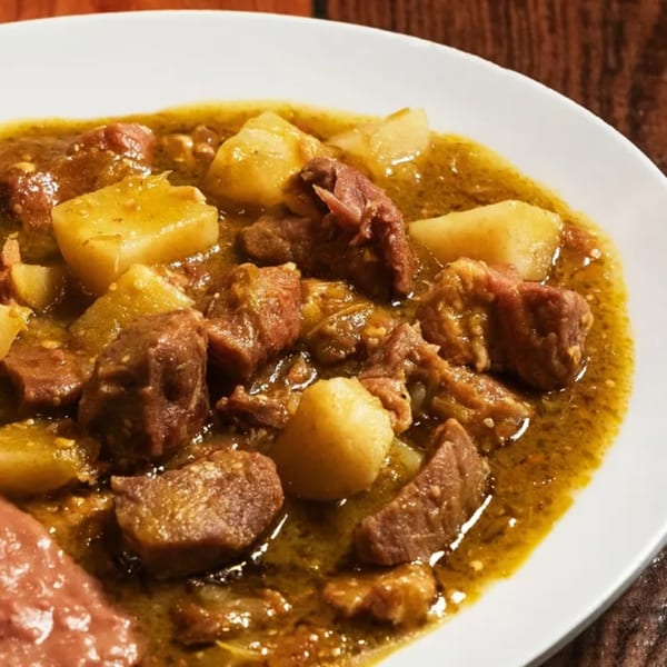Close-up of El Paisa Cocina Mexicana's green chile stew with pork and potatoes.